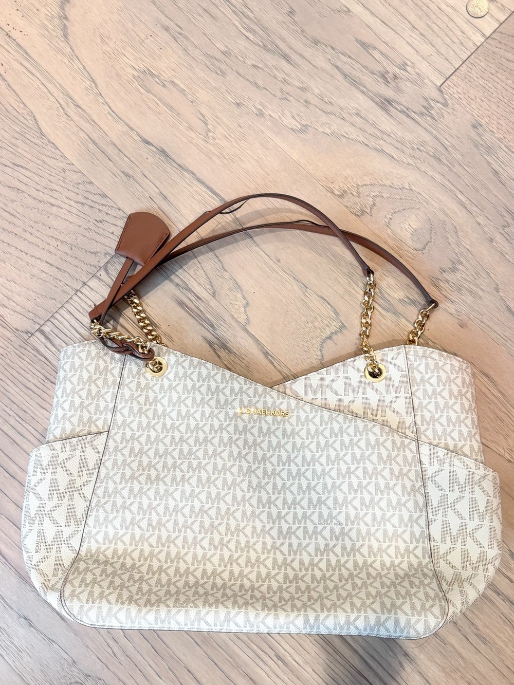 Michael Kors Beige Logo Chain-Handle Shoulder Tote with Acorn Trim